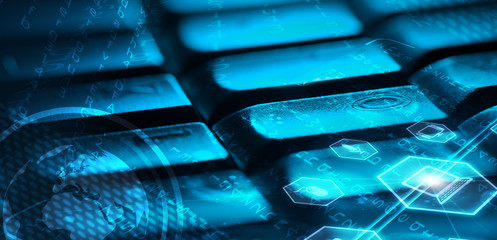 Keyboard with glowing multimedia icons