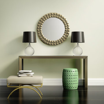 Chic elegant contemporary console table on lime wall