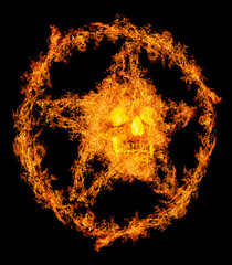 skull in orange flame pentagram