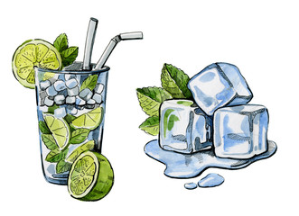 watercolor hand drawn cocktail and ice