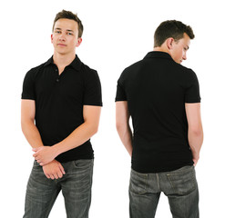 Young man with blank black polo shirt