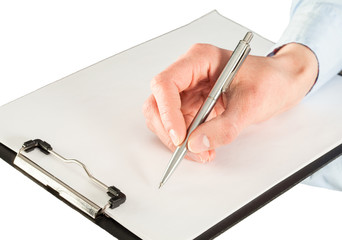 Woman's hands holding blank sheet of paper in a clipboard and a