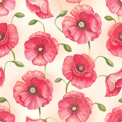 Watercolor poppy flowers, seamless pattern