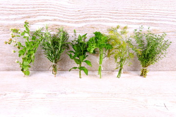 Herbs in bundle on the white wooden background