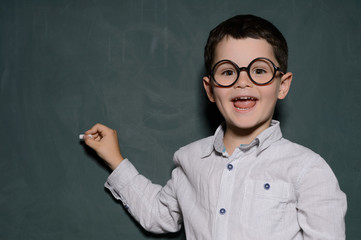 Happy learner. Cheerful little schoolboy in glasses standing nea