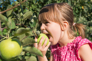 A little girl eat an apple