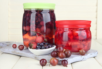 Home made berry jam on wooden table