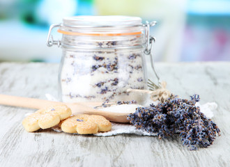Fototapeta premium Jar of lavender sugar and fresh lavender flowers