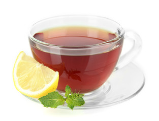 Cup of tea with lemon isolated on white