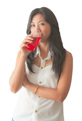 An Asian woman drinking soft drink, isolated on white background