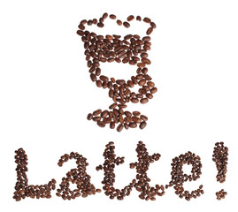 Cup of latte with text, isolated on white with copy space