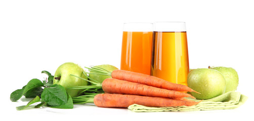 Glasses of juice, apples and carrots, isolated on white