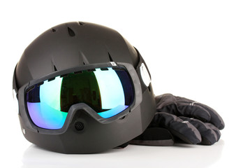 Winter sport glasses, helmet and gloves, isolated on white