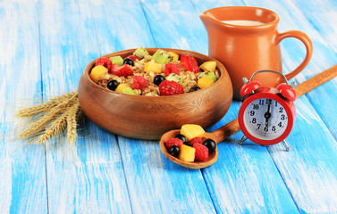 Oatmeal with fruits on table close-up