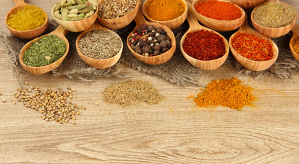 Assortment of spices in wooden spoons on wooden background