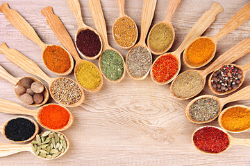 Assortment of spices in wooden spoons on wooden background