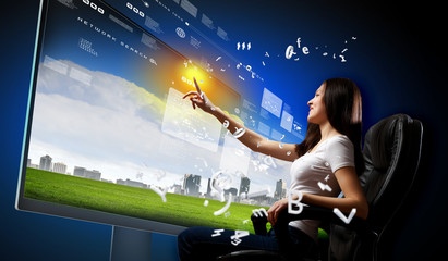 Young woman pushing icon