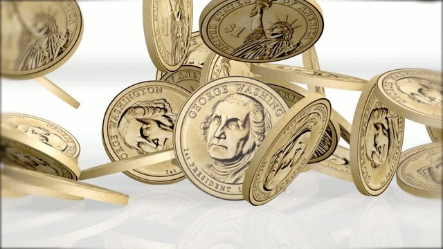 close-up from falling Dollar coins in slow motion