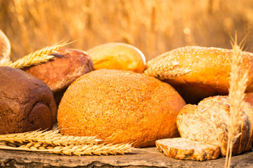Homemade bread and wheat on the wooden table