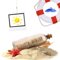Glass bottle with note inside, lifebuoy and photo of sun