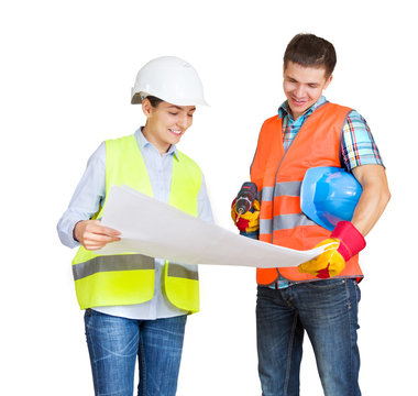 Foreman and engineer with blueprints