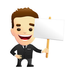 Smiling Businessman Character In A Black Suit Holding A Sign