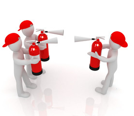 3d mans with red fire extinguisher.Concept of confrontation