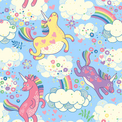 Fototapeta na wymiar Cute seamless pattern with rainbow unicorns in the clouds