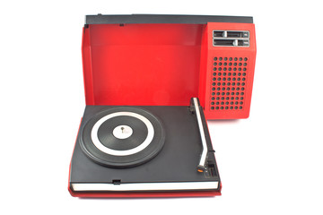Fototapeta premium Vintage record player - portable turntable isolated on white