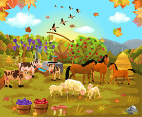farm animals grazing on the autumn field