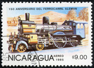 Fototapeta na wymiar Stempel drukowane w Nikaragui pokazuje lokomotywa