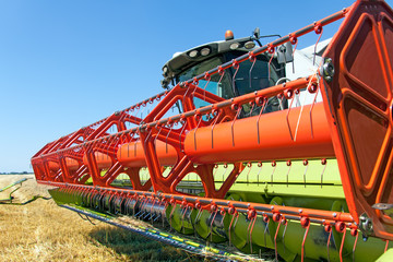 Combine harvests wheat on a field in sunny summer day