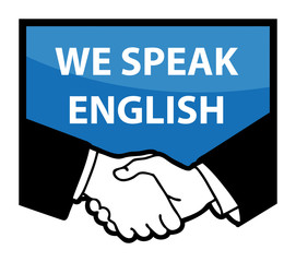 Business handshake and text We Speak English, vector