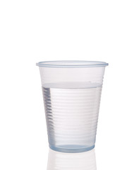 Plastic cup of water with reflection