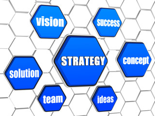 strategy and business concept words in blue hexagons