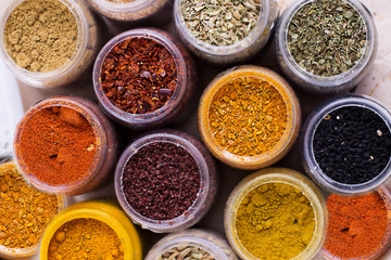 Assorted spices in containers