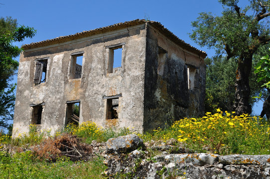 abandoned house and spring landscape