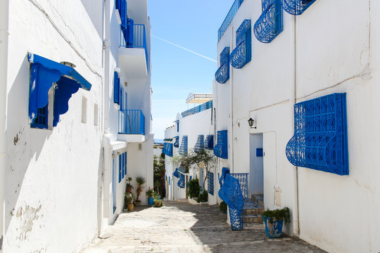 Sidi Bou Said in Tunisia, streets and buildings near town center