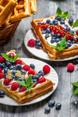 Closeup of waffles with fresh berry fruit