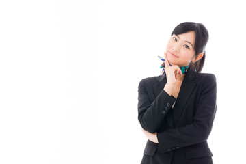 asian businesswoman thinking on white background