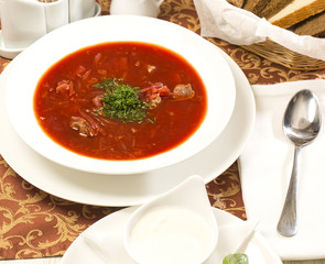 Ukrainian borsch in the restaurant