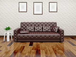 Leather sofa near the wall