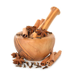 Wooden mortar and spices