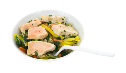 Bowl of salmon and vegetables with spoon