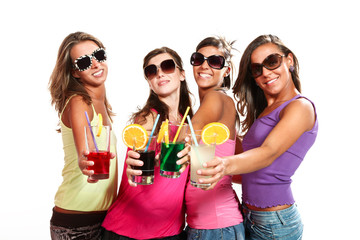 four girls fun with a drink, isolated on white background