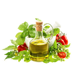 olive oil with fresh mediterranean herbs and tomatoes