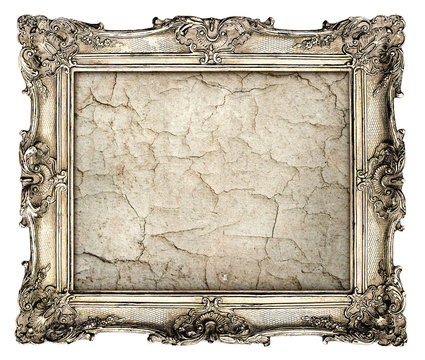 old silver frame with empty grunge canvas with cracks