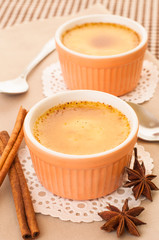 Creme Brulee served in ceramic bowl.