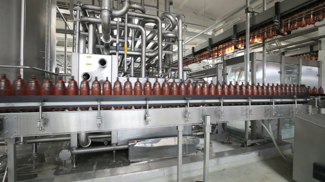 The food industry. Plastic beer bottles moving on conveyor