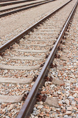 Newly laid train tracks on concrete ballasts